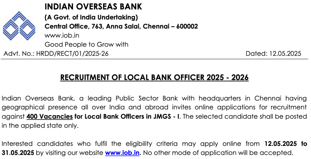 Indian Overseas Bank LBO Admit Card 2025 Out